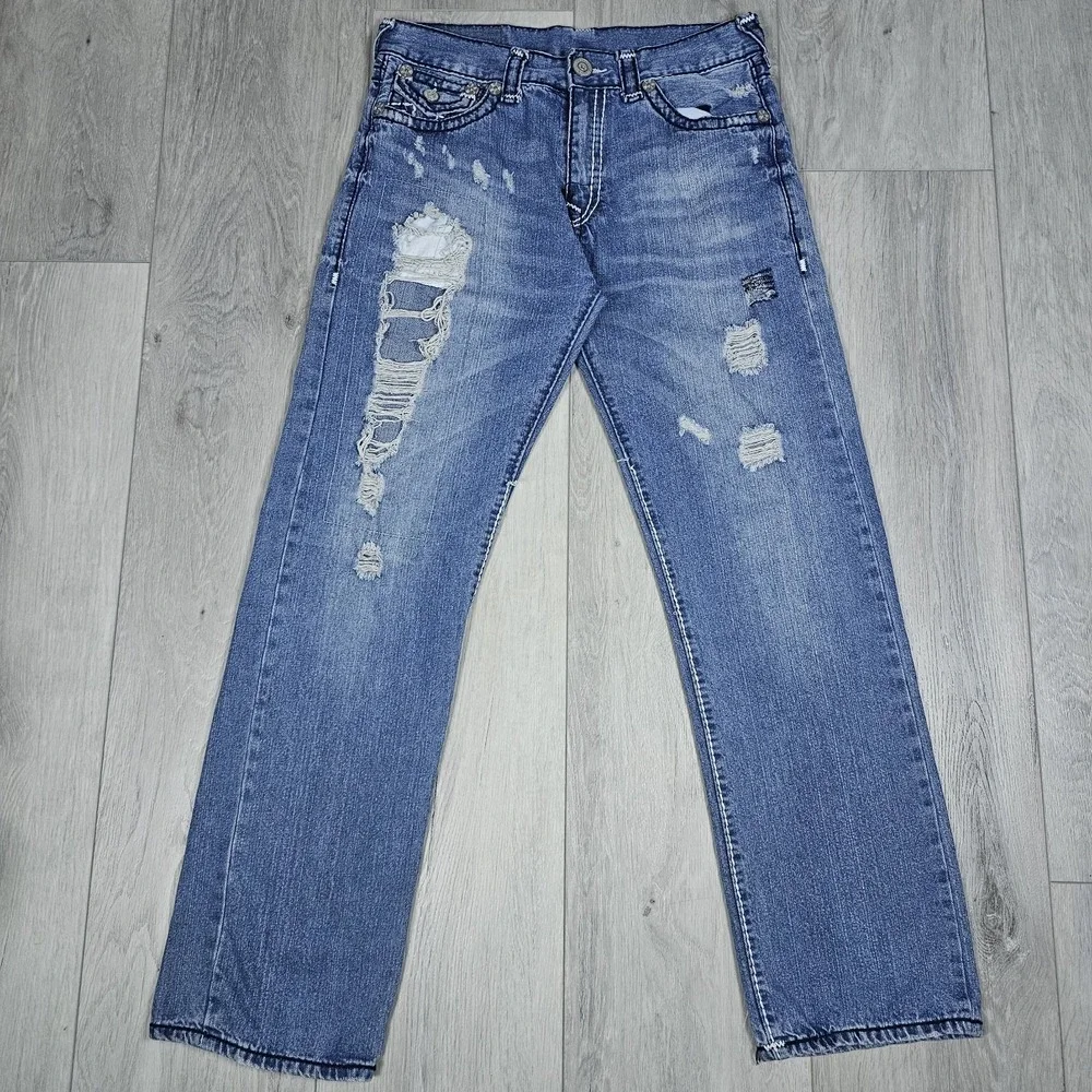 True Religion Ricky Jeans Mens 34x31 Blue Distressed Stone Wash Flap Pockets USA